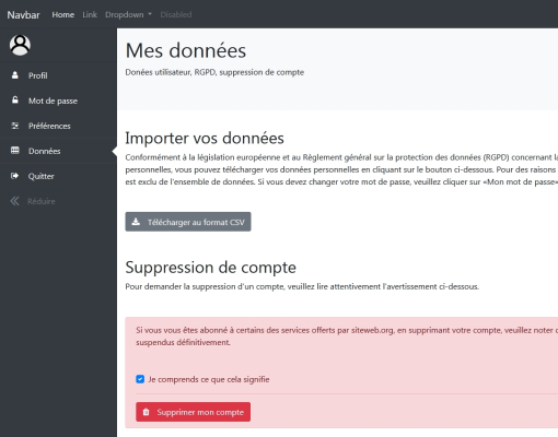 Portabilité des données personnelles et suppression de compte